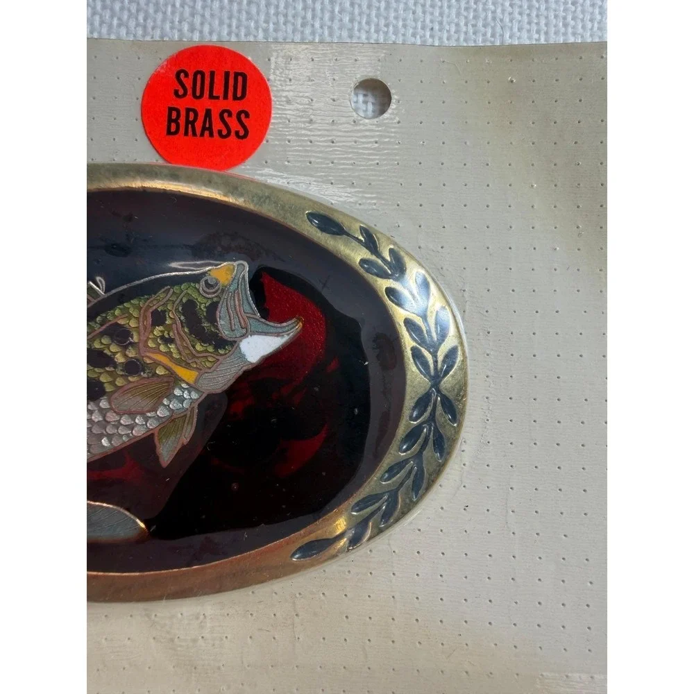 Vintage Solid Brass Largemouth Bass‎ Fishing Belt Buckle Cloisonne Enamel Oval